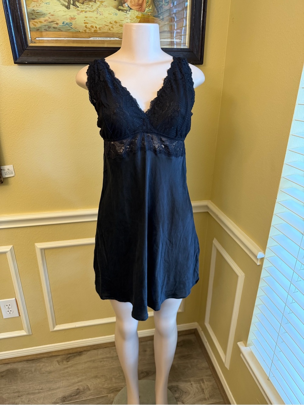 Lace-Trim Black Satin Chemise with V-Neck